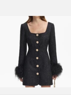 Elegant Black Tweed Coat with Feather Cuffs